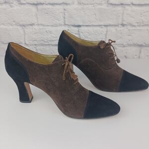 Saks Fifth Avenue Brown Suede Leather Pointed Pumps Lace-up Heels Italy 9.5 B